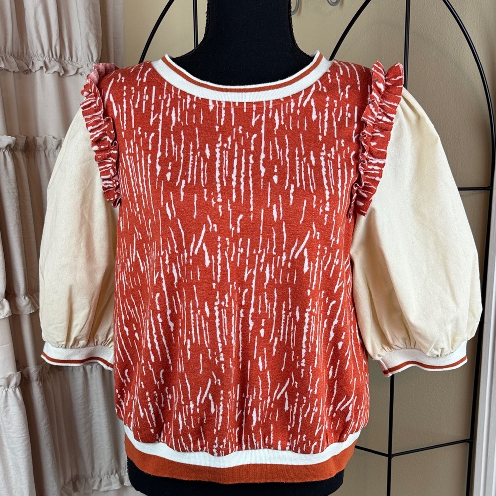 Voy Orange Cream Balloon Sleeve Top Blouse Size S